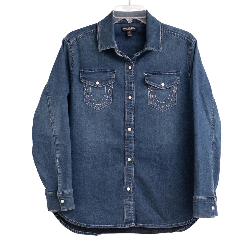 True Religion Western Cowgirl Denim Shirt Sz M Horseshoe Y2K Minimalist Rodeo
